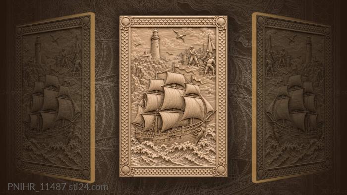 Tall ship below lighthouse among waves 3d STL model