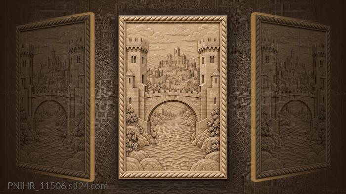 Arched bridge linking two crenellated towers 3d STL model