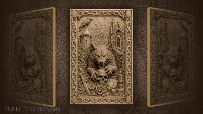 Snarling wolf clutching skull beneath raven tower 3d STL model