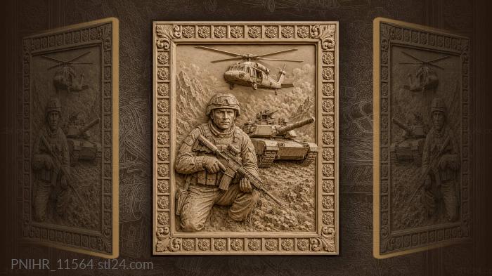 Soldier with rifle beneath helicopter and tank 3d STL model