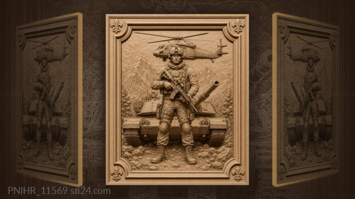 Tank and helicopter behind soldier 3d STL model