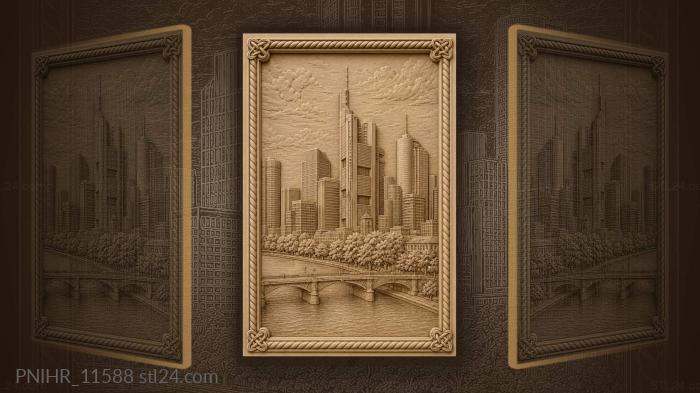 Skyscrapers behind a bridge and riverside trees 3d STL model