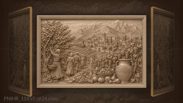 Fruit pickers in orchards by the village 3d STL model