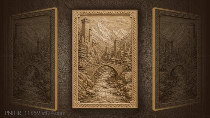 Medieval towers mountain river landscape 3d STL model