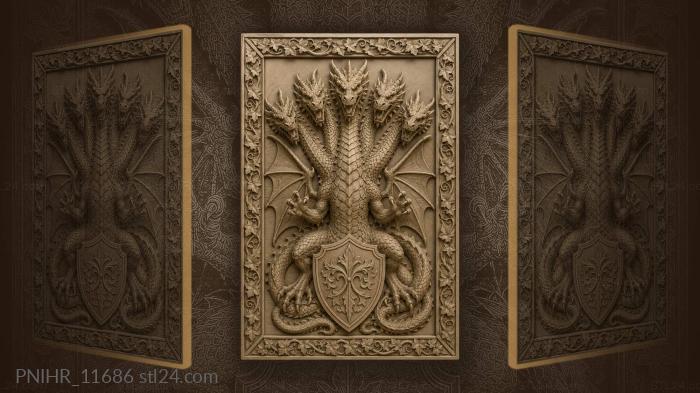Five-headed dragon rising from shield 3d STL model