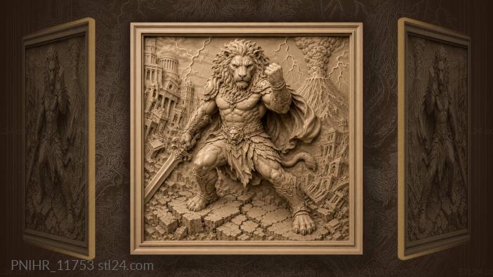 Lion fighter with a sword near a volcano 3d STL model