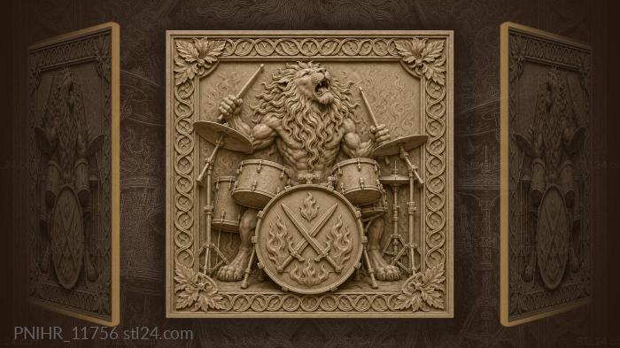 Lion drummer with fiery emblem 3d STL model