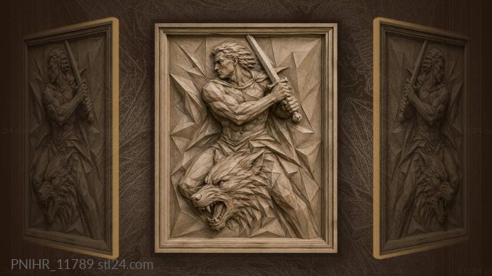 Faceted warrior above a snarling wolf head 3d STL model