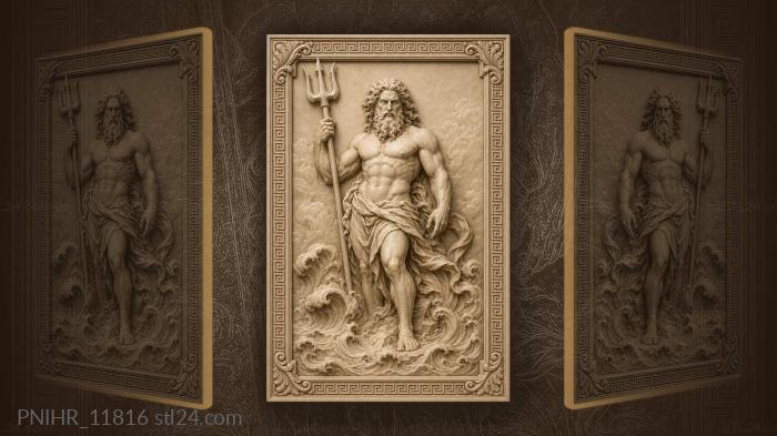 Powerful poseidon with trident and waves 3d STL model