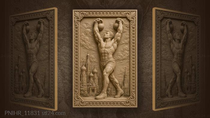 Athlete with two kettlebells above a town 3d STL model