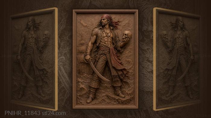 Pirate with sabre and skull in bandana 3d STL model