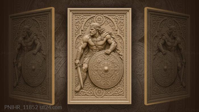 Fighter leaning on a large round shield 3d STL model