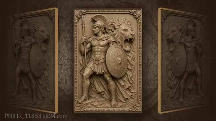 Spearman beside the roaring lion head 3d STL model