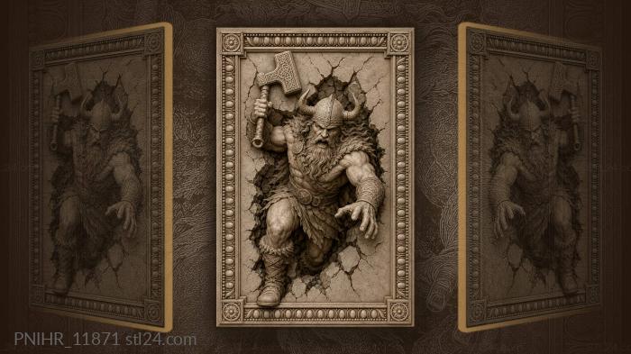 Bearded viking holding mjolnir hammer 3d STL model