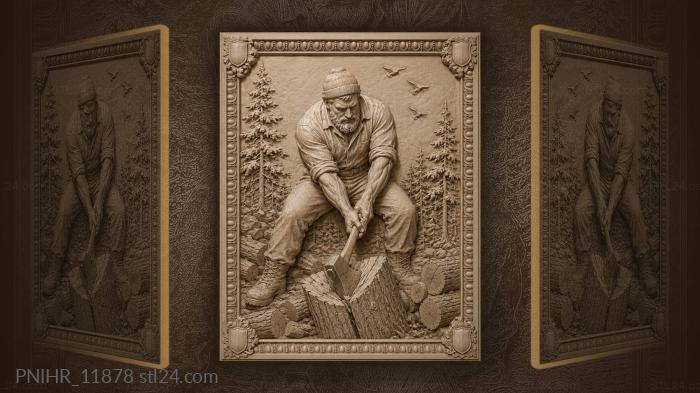 Lumberjack swinging axe among pines 3d STL model