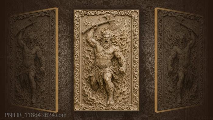 Roaring giant raising a flaming axe 3d STL model