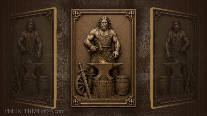 Smith with tongs beside sword and barrel 3d STL model