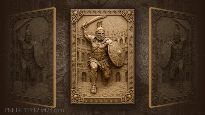 Curved sword and round shield at amphitheatre 3d STL model