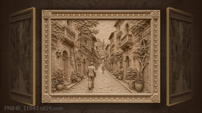 Passers by on a cobbled street with trees 3d STL model