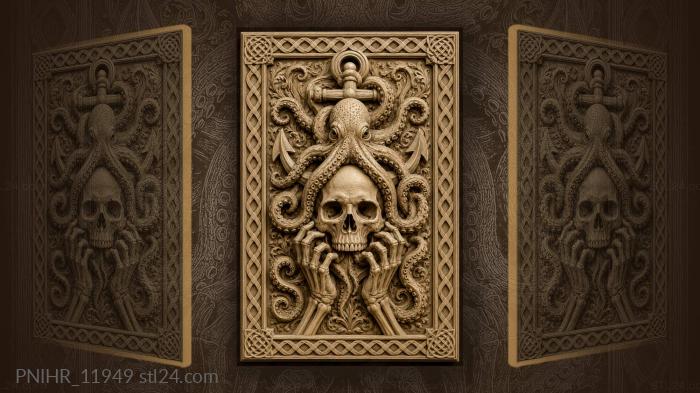 Octopus coils around skull beneath raised anchor 3d STL model