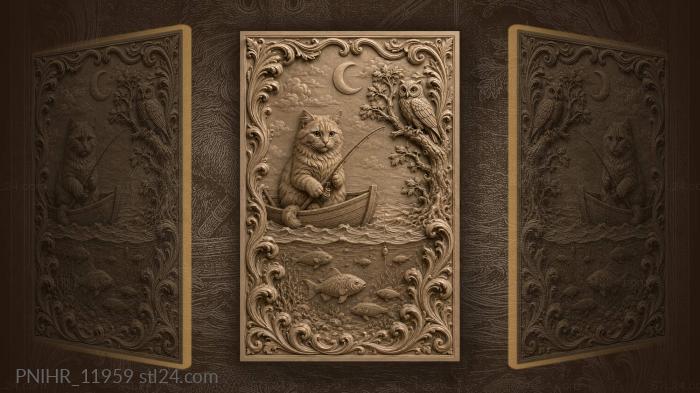 Cat fishing under moonlit sky 3d STL model