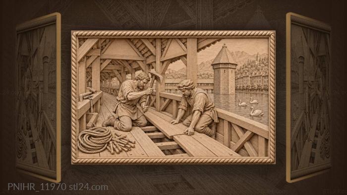 Carpenter adzing the bridge decking 3d STL model