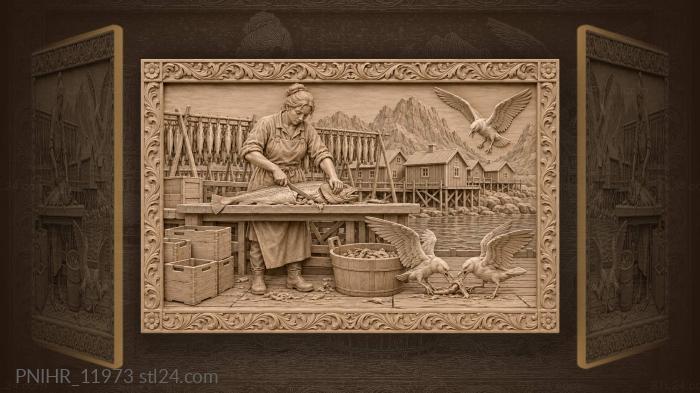 Woman splitting cod as gulls squabble 3d STL model