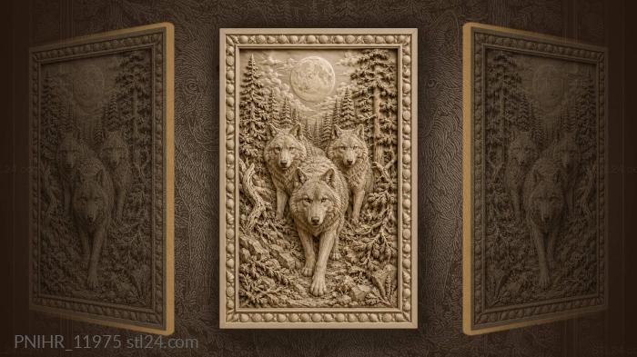 Three wolves beneath full moon pines 3d STL model