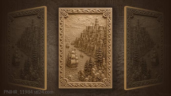 Clifftop town above sailing ships 3d STL model
