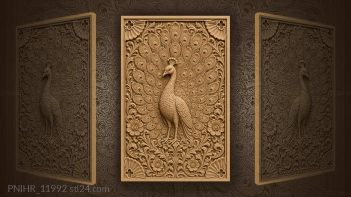 Peacock spreading his tail among floral motifs 3d STL model