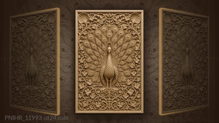 Peacock fanning feathers within ivy tendrils 3d STL model