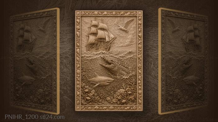 Crocodile and shark beneath the ship 3d STL model
