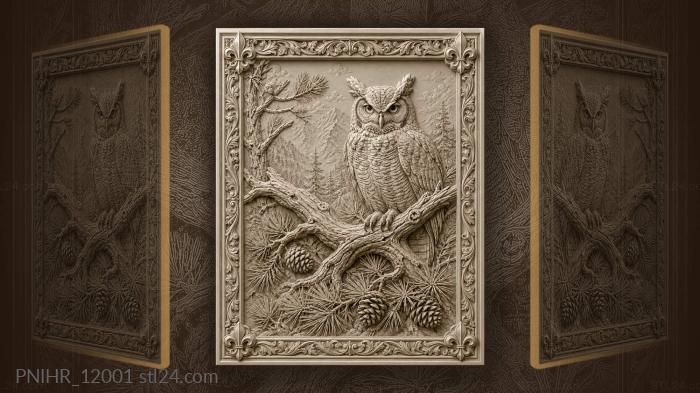 Owl perched among pine cones 3d STL model