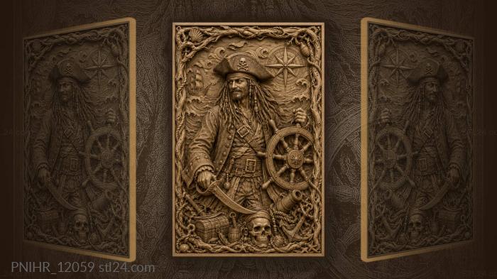 Dreadlocked pirate gripping the ships wheel 3d STL model
