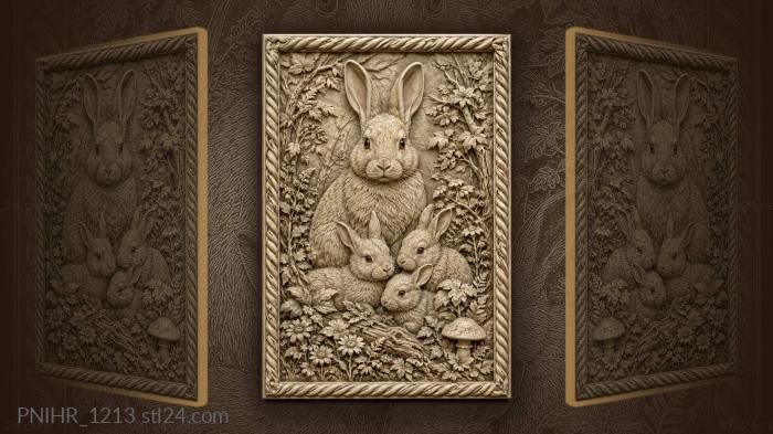 Bunnies gather beside a woodland mushroom 3d STL model