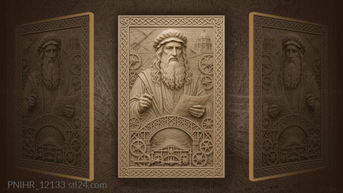 Leonardo da Vinci amid gears and blueprints 3d STL model