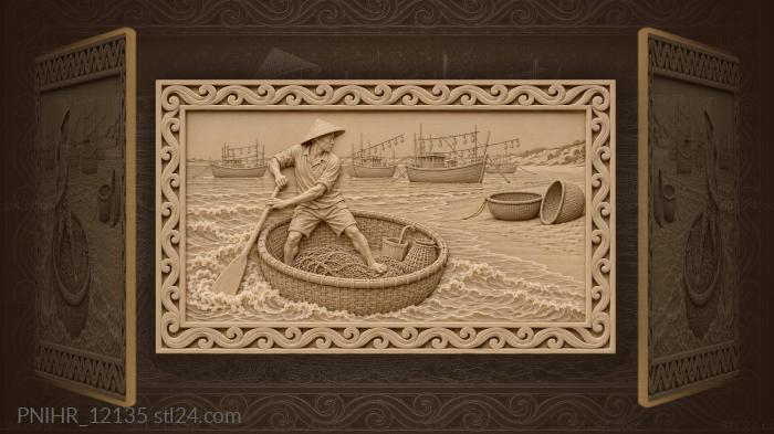 Mui ne fisherman in round boat 3d STL model