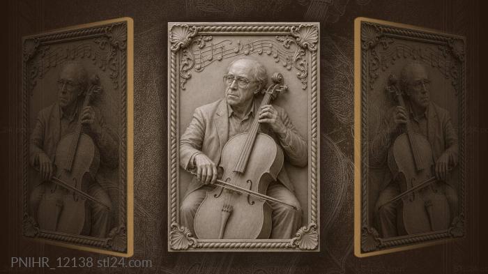 Rostropovich with cello and musical notes 3d STL model