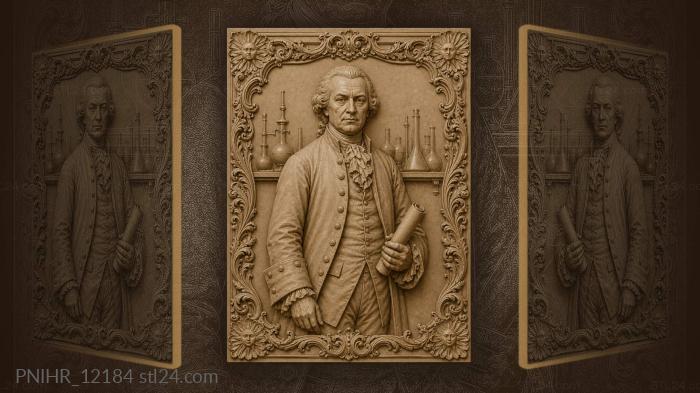 Rolled parchment by a shelf of flasks · Joseph Priestley 3d STL model