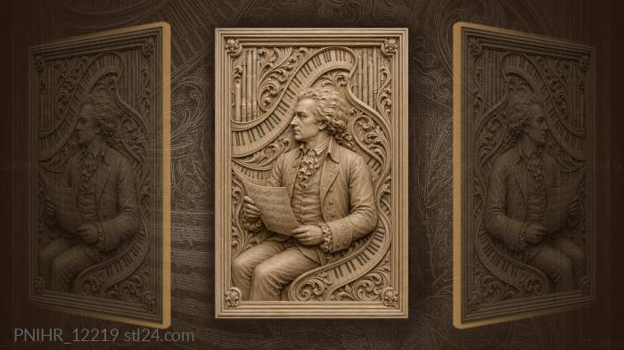 Wolfgang Amadeus Mozart with a sheet of music · Johann Sebastian Bach 3d STL model