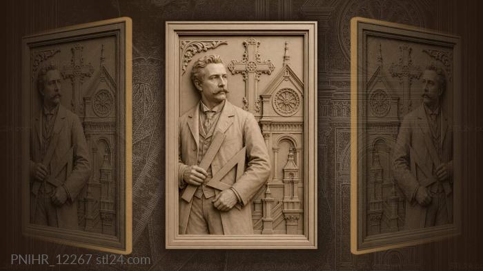 Antoni Gaudí with a set square by the cathedral 3d STL model