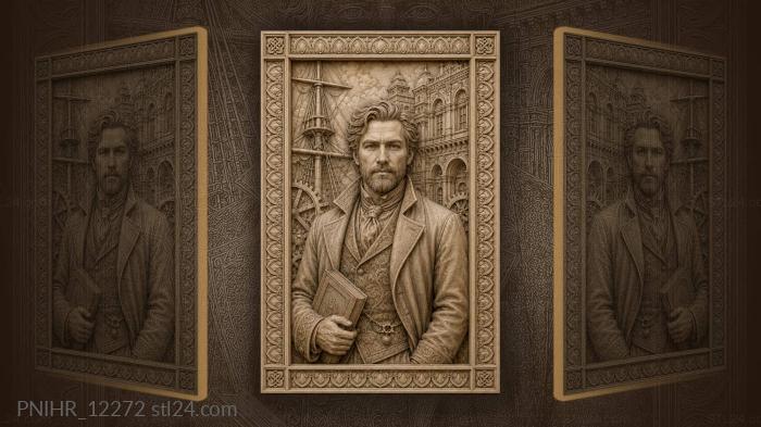 Jules Verne with a book by the mast and gears 3d STL model