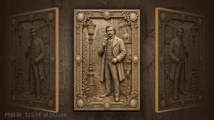 Sherlock Holmes with a magnifying glass by the lamppost 3d STL model