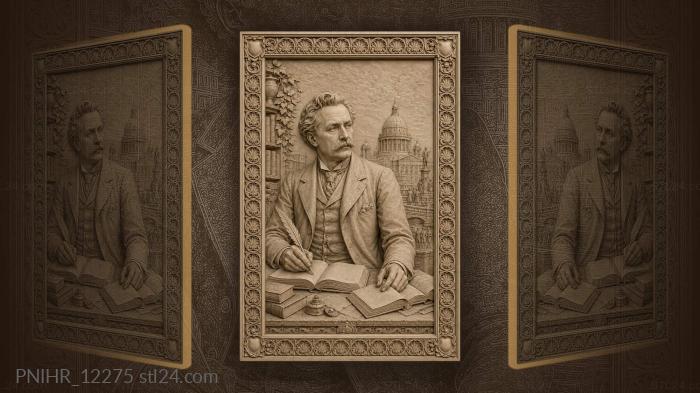 Charles Dickens with a quill above London · Fyodor Dostoevsky 3d STL model