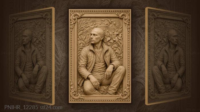 Shaven-headed man with pendant among music notes 3d STL model
