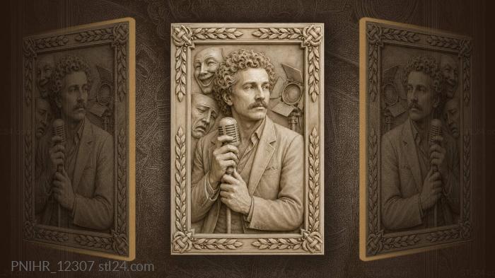 Mustached man with microphone by theater masks 3d STL model