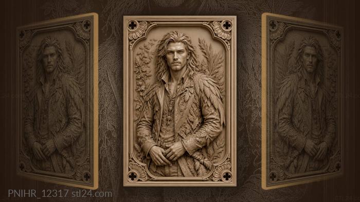 Long-haired man in a leafy feathered coat 3d STL model