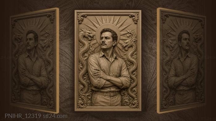 Mustached man haloed in rays among dragons 3d STL model