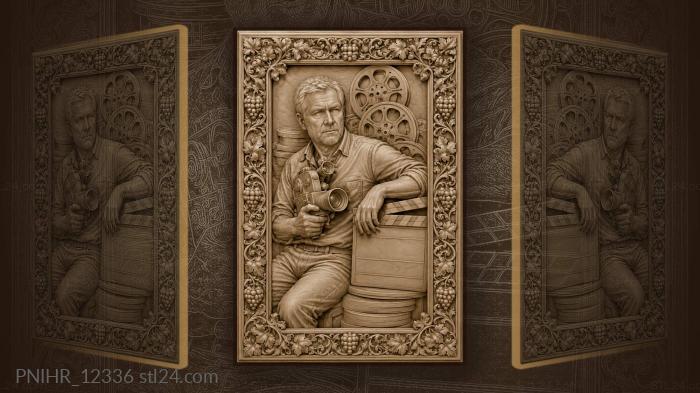 Elderly cameraman with hand camera and film reels 3d STL model