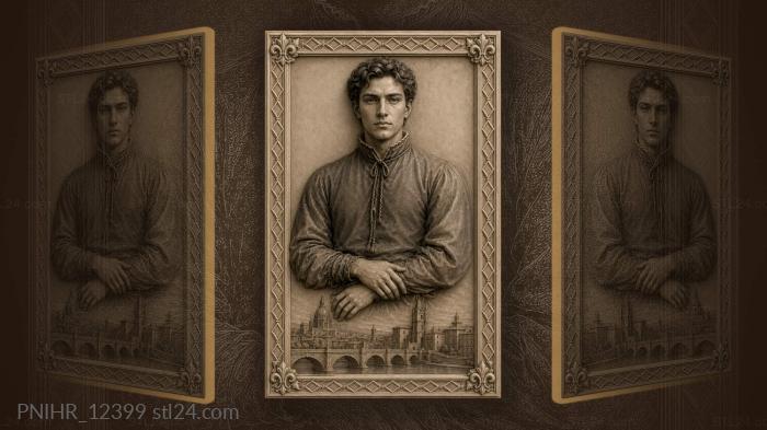 Young man in laced tunic above riverside town 3d STL model